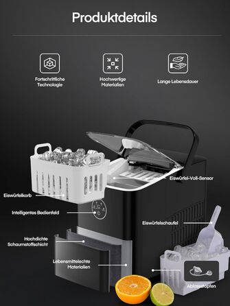 Льодогенератор Fohere 14 кг/24 год, швидке виробництво льоду (5 хв), 2 розміри кулеподібного льоду, самоочищення, з ручкою, лопаткою та кошиком для вечірок, офісу, кемпінгу - Чорний