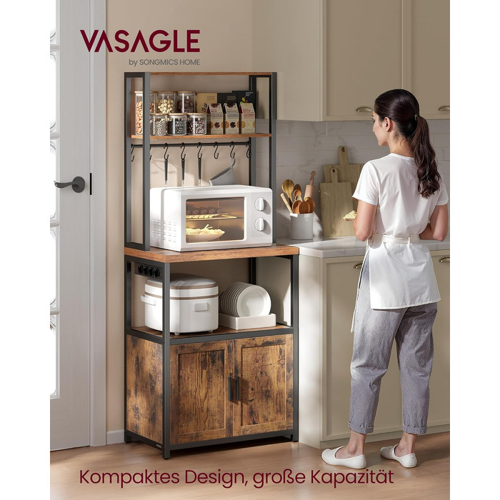 Поличка кухонна VASAGLE з розетками, шафка, стільниця 90 см, напольна полиця з 8 гачками, 40 x 60 x 170 см, вінтажний коричневий + чорний, KKS058K02