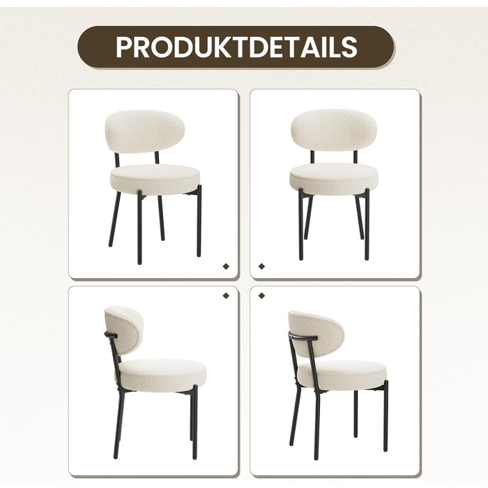 COLAMY Комплект обідніх стільців 4 шт. з м'яким сидінням 10 см – Сучасні м'які стільці з плюшевої тканини Teddy, з міцним металевим каркасом – Для кухні та вітальні, Білий. Комплект 4 шт.