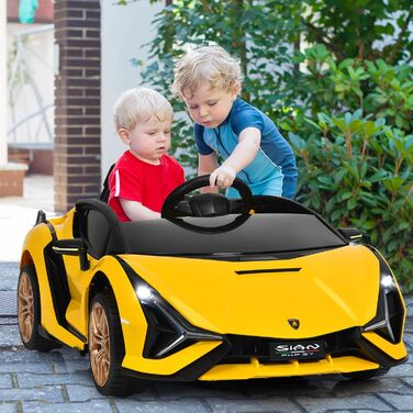 Дитячий електромобіль Lamborghini 12V з пультом, ременем безпеки, світлом, музикою і сигналом, жовтий – електрокар для дітей від 3 років