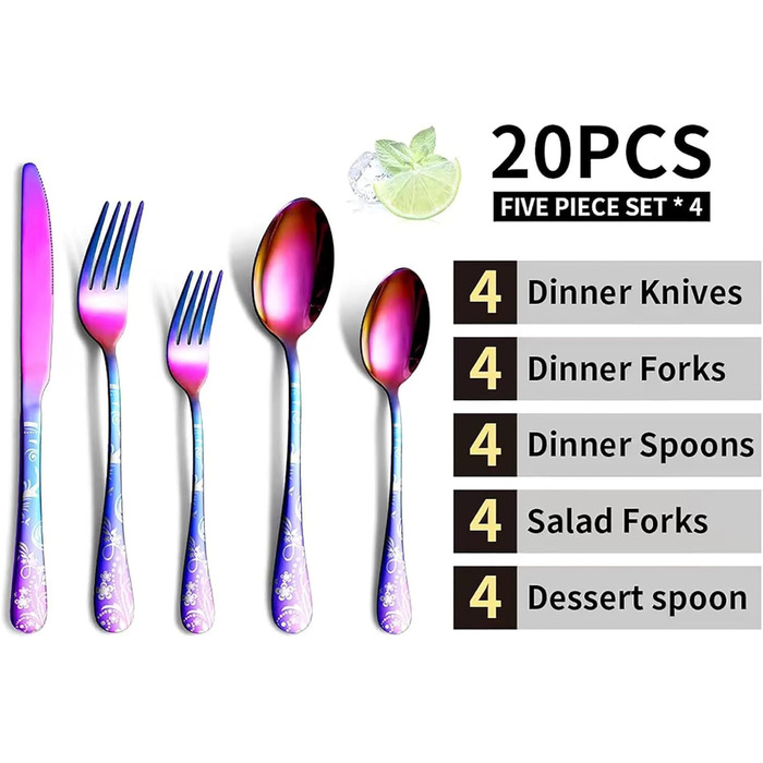 Набір столових приборів на 4 особи, 20 предметів: ніж, виделка, ложка, нержавіюча сталь, дзеркальна поліровка, прилади для миття в посудомийній машині (Райдужний)