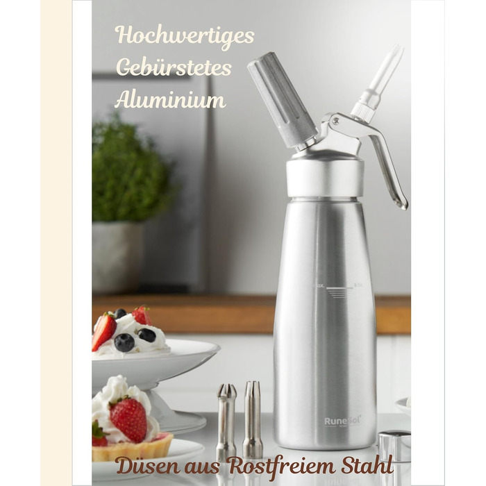 Runesol Дозатор для вершків 500 мл: професійний сифон для десертів з 3 насадками з нержавіючої сталі, алюмінієвий диспенсер для збитого вершку