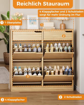 Шкаф для взуття IRONCK з 4 дверцятами, вузький, з 2 висувними ящиками, окремо розташований, з регульованими перегородками, для прихожого, входу та вітальні (білий). Матеріал: дерево. Розміри: 100x23.5x98 см