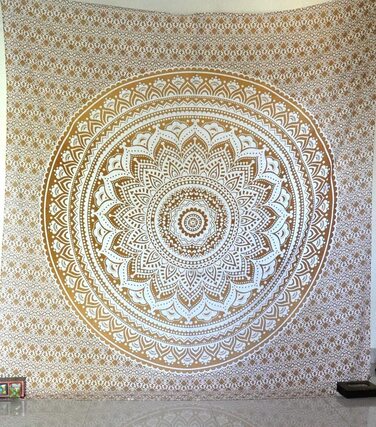 Настінний гобелен з бавовняною мандалою в галереї Aakriti-богемне покривало, ковдра в стилі бохо / гобелени для вітальні, домашній декор (Старе Золоте омбре , 235 x 210 см)
