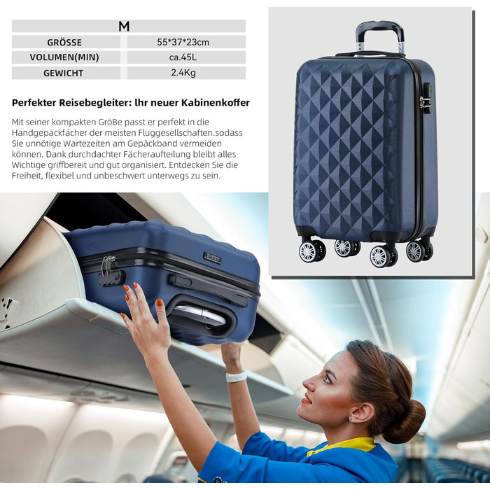 Набір дорожніх валіз BEIBYE з 4 предметів, твердий корпус, 4 подвійних колеса, комплект багажу для подорожей (Темно-синій)