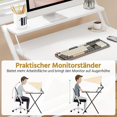 Складний стіл Yaheetech 80 см для комп'ютера з полицею, двоступінчастий робочий стіл з підставкою для монітора, стіл для ноутбука для дому/невеликих кімнат/вітальні, білий, 80 см x 50 см, 86.5x60.5x90 см