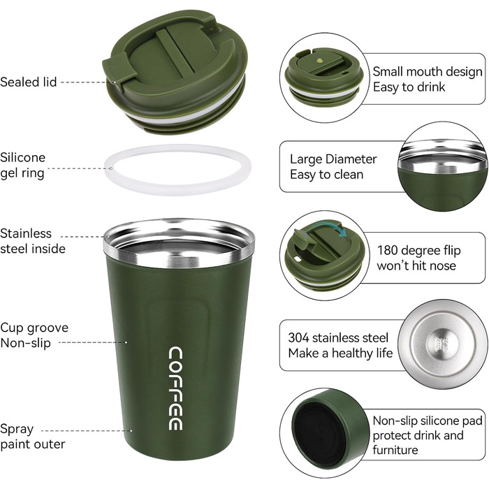 ERBO Термокружка для кави з нержавіючої сталі, 380 мл, 2 шт. (білий + рожевий) + 510 мл (зелений)