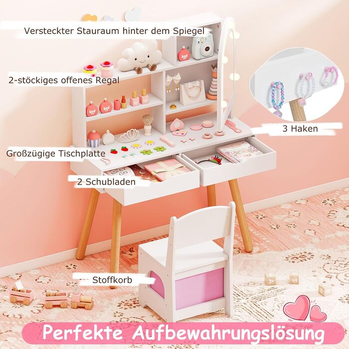 Детський туалетний столик COSTWAY 2-в-1 зі стільчиком та дзеркалом, з LED-підсвіткою, з шухлядами, для дівчаток 3-7 років, колір білий