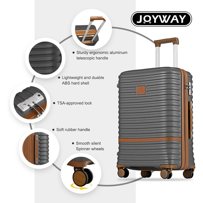 Набір валіз для подорожей Joyway 7 предметів, жорстка оболонка, з косметичкою, 4 колесами та TSA-замком, білий (Сірий/Коричневий)
