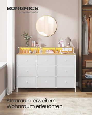 SONGMICS Комод з 9 висувними ящиками та LED-підсвічуванням, з розеткою, сталевий каркас, 33,5 x 114 x 84 см, для спальні/вітальні, білий, LTS519W02