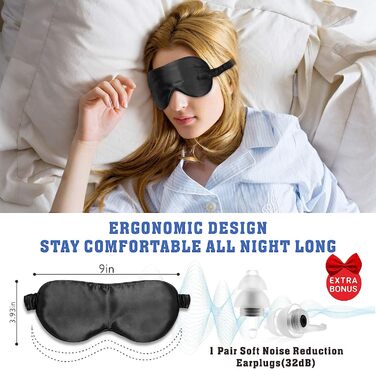 Шовкова маска для сну, 100 шовкова маска для очей Momme 22 Momme для сплячих жінок/чоловіків, зручна маска для сну з затичками для вух і атласною дорожньою сумкою, м'які тіні для повік (темно-сині) (чорні)