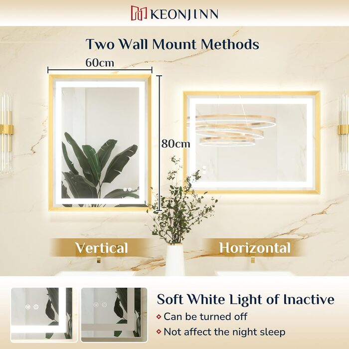 Дзеркало для ванної кімнати Keonjinn з підсвічуванням, металевий каркас 50x70 см, антизапар, LED, сенсорне керування, 3 кольори світла, диммування, пам'ять, настінне дзеркало (Золотий, 80x60 см)