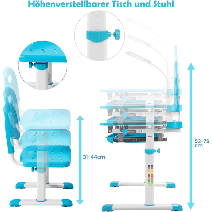 Дитячий письмовий стіл з регулюванням висоти та нахилу зі світлодіодною лампою, підставкою для книг, стільцем та шухлядою (синій)