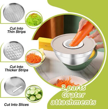 Набір міксерів YlYADl (31 предмет) - 6 нержавіючої сталі миски з кришкою та силіконовим дном (0.8-2.9L), стекові, 3 насадки-тертки