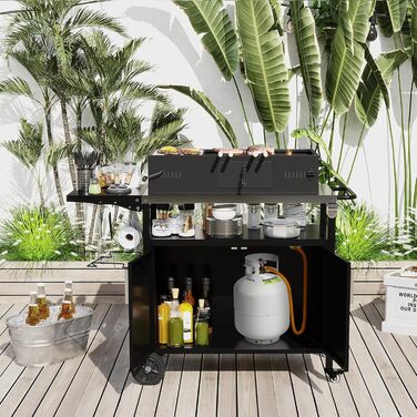 Grillwagen COSTWAY Outdoor: гриль-стіл з нержавіючою сталлю, відкидним бічним столиком, шафкою, 6 гачками та ручкою, до 100 кг, металевий столик для кемпінгу, пікніків, вечірок на відкритому повітрі, 127 x 50 x 84 см