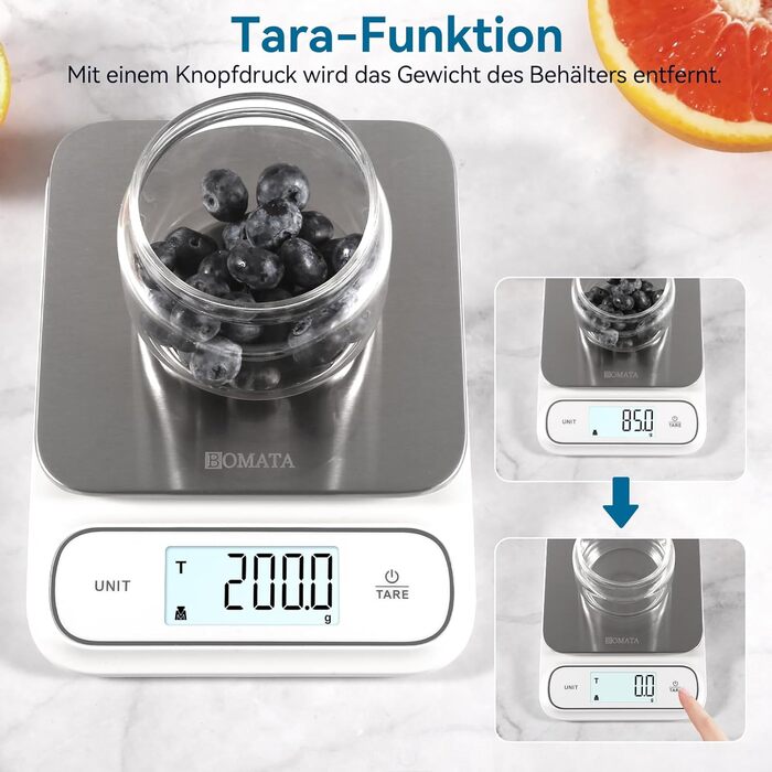 Кухонні ваги BOMATA: цифрові, вологостійкі, 5 кг, точність 0.1 г, USB-C, нержавіюча сталь