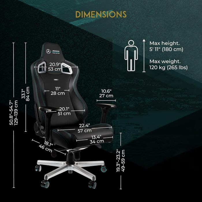 Ігровий крісло Noblechairs Epic - Mercedes-AMG Petronas F1 Team Edition, преміум-модель з підголівником та поперековою підтримкою, чорний, для геймерів