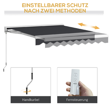 Електричний тент Outsunny Folding Arm 2,5x2 м з ручною рукояткою та дистанційним керуванням Настінний алюмінієвий навіс від сонця в сірому кольорі