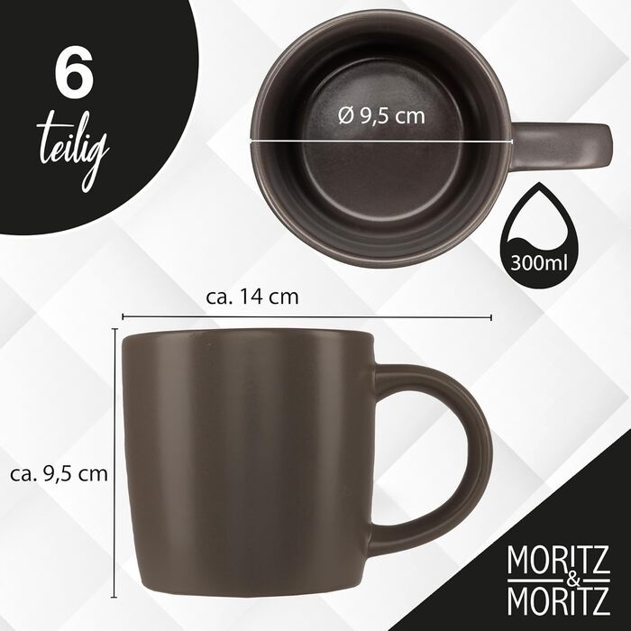 Набір кавових чашок Moritz & Moritz NORDIC, 6 шт., сірий колір, 300 мл, з ручкою, з якісного порцелянового каменю