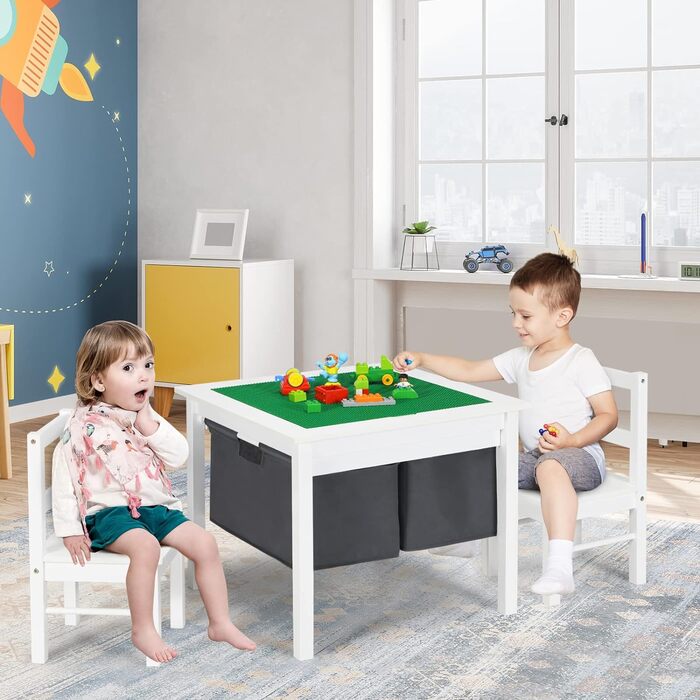 Дитячий ігровий стіл COSTWAY з двосторонньою стільницею, стіл з будівельних блоків з висувними ящиками, письмовий стіл 2 в 1 і стіл для малювання з дерева, дитяча група відпочинку для малювання, читання та рукоділля