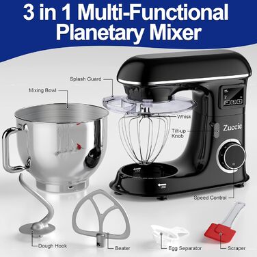 Кухонна машина 1500W 8L з 6 швидкостями, функцією ферментації та LCD-дисплеєм. В комплекті міксер, гак для тіста та вінчик. Чорний колір.