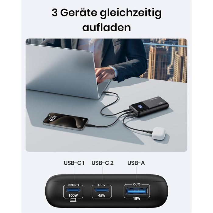 Портативний зарядний акумулятор INIU, 100W, 25000mAh, USB-C, для ноутбуків, телефонів, iPad, DJI, камер, iPhone, MacBook, Surface, Fire TV Stick, 25000 мАг, чорний