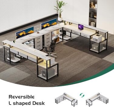 Кутовий стіл з ящиками, геймінговий стіл з розеткою, LED та підставка для монітора, 200 x 146 см, 7 тканинних ящиків, комп'ютерний стіл для офісу, робочого кабінету, спальні (Білий)