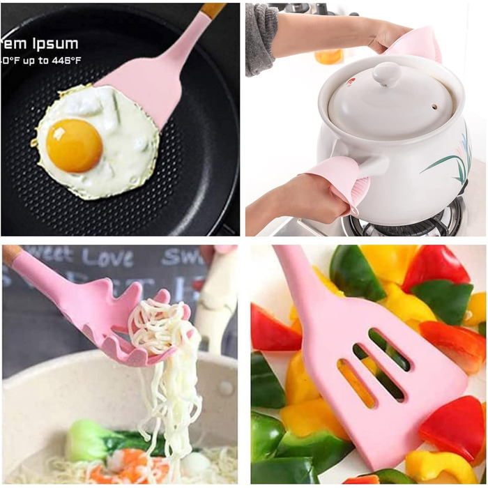Набір кухонних аксесуарів з силікону, 28 предметів, набір лопаток з підставкою для антипригарного посуду (Рожевий)