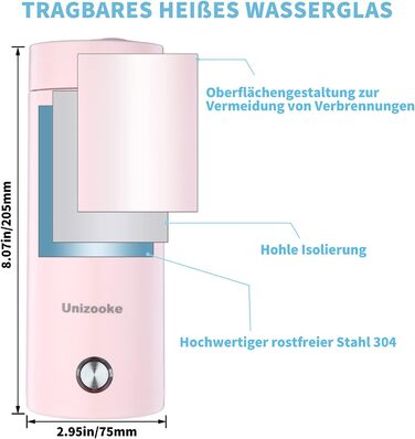 Портативна міні-нагрівальна чашка Unizooke, 400 мл, дорожній електричний чайник 220 В, вакуум 300 Вт, для приготування молока, кави, води та чаю, білий (рожевий)