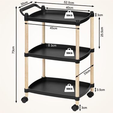 Візок для сервірування WOLTU 3 яруси, Кухонний візок з ручкою та гальмами, полиця на колесах 52,5x73x33 см, Чорний