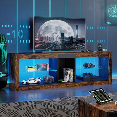 Тумба під TV Bestier, 160x35x52 см, для телевізорів до 65 дюймів, з RGB-підсвічуванням, керуванням кабелів та регульованою скляною полицею (140 см + розетка), колір - коричневий