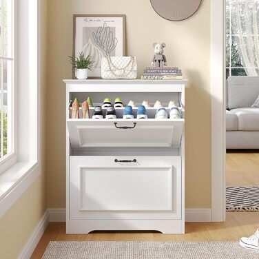 Шкаф для взуття Brinlawb білий з шухлядою, полицями та перегородками для 14-18 пар, для передпокою, вітальні