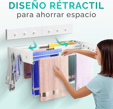 Настінний сушильник для білизни JUPPLIES, висувний, 120 см – розкладний, для дому та вулиці, з алюмінію, 30 кг, білий (з вішалками)