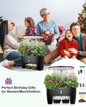 Гідропонна система вирощування: 8 горщиків, 24W LED лампа повного спектру з сигналом про нестачу води | Внутрішній сад для кухні, вітальні, школи | Подарунок для любителів садівництва (16 горщиків - Чорний)