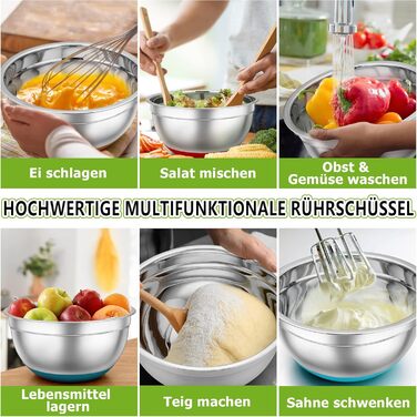 Набір салатниць TEAMFAR 6 шт. з нержавіючої сталі з кришками та силіконовими ніжками, 0.7L/1.5L/1.6L/2.5L/2.8L/4.6L