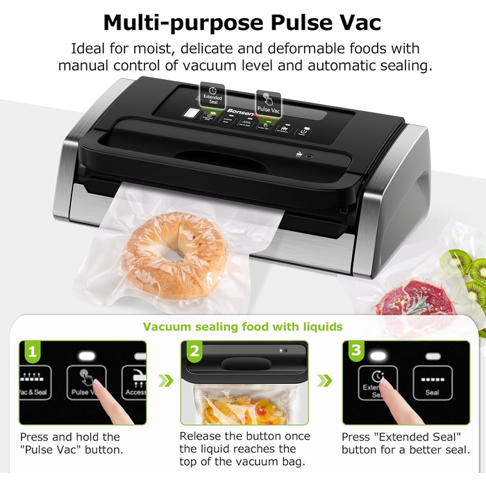 Вакууматор Bonsenkitchen для продуктів, потужний вакуумний пакувальник 15л/хв, з інтегрованим різаком та ручкою-фіксатором, чорний (комплект з 100 пакетами)