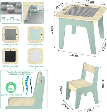 Дитячий стіл Mamizо з 2 стільцями: комплект меблів для дитячої кімнати, стіл для малювання та ігор, зелений