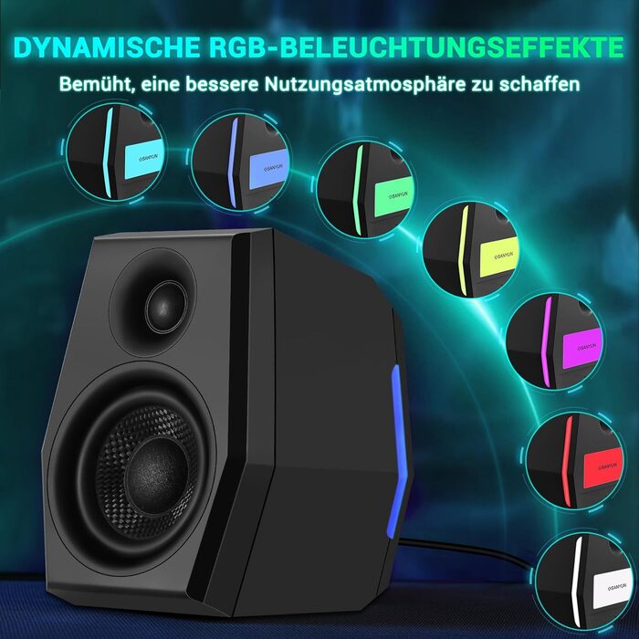 Sanyun SW209 - Комп'ютерні ігрові колонки 36W з RGB-підсвічуванням, Bluetooth 5.2, USB/AUX, 3 режими EQ (Гра/Фільм/Музика)