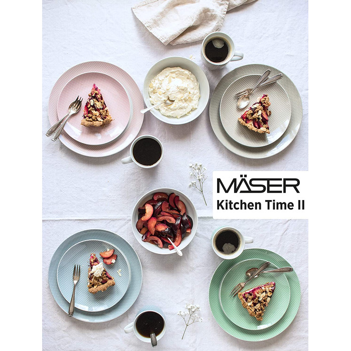 Набір посуду MSER 931564 Kitchen Time II на 4 персони, пастельно-синій з тонким малюнком комбінований сервіз на 16 предметів, фарфор