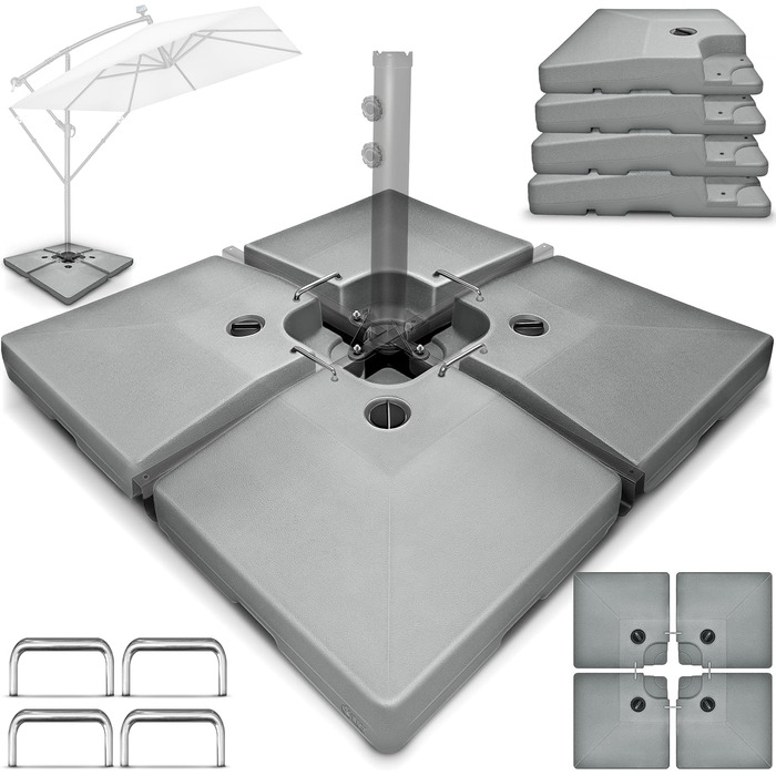 Сонцезахисний стійка Tillvex® 90 літрів / 120 кг – 4 частини для парасольки, з металевим з'єднувачем | Заповнюється водою або піском | Стійка для парасольки Tillvex® вологостійка (Сірий)