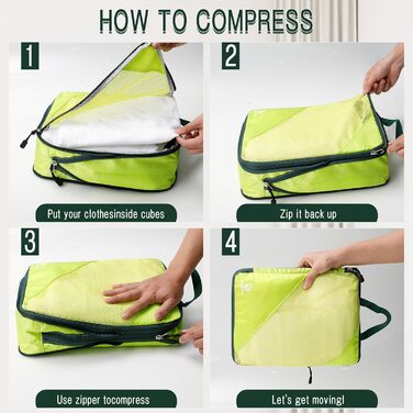 Набір компресійних органайзерів для одягу в дорогу AiQInu, 5 шт. — ультралегкі сумки-пакувальники для валізи з мішком для взуття та білизни, розширювані, зелені