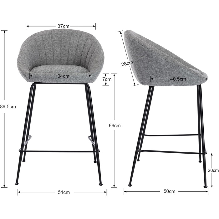 Набір з 2 барних стільців Chairus: міцний металевий каркас, сидіння з льону, для кухні/домашнього бару, сірий