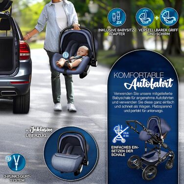 Дитяча коляска KIDUKU® 3 в 1 XXL Комплект | Комбінована коляска з люлькою, прогулянковим блоком та автокріслом | З підставкою для ніг, пеленальною сумкою, підстаканником, захистом від дощу, шинами з повним покриттям, відповідає стандарту ECE R129 (Синій /