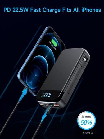 Входи, 5 виходів, LED-дисплей, кабель, сумісний з iPhone/Android, 46800mAh, PD22.5W, 3