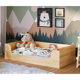 Ліжко на підлогу Bellabino AMU 80x160, дитяче ліжко Монтессорі для хлопчиків і дівчаток з масиву сосни, в т.ч. з рулонним рейковим каркасом, натуральним лакованим