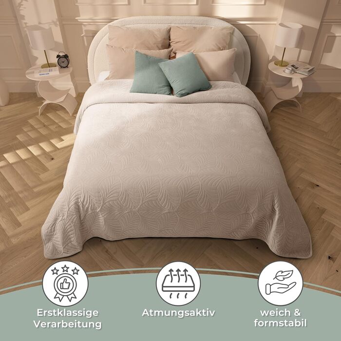 Преміум ковдра-плед Gräfenstayn 170x210 см з листяним дизайном – велюрова, м'яка, не мнеться, легка у догляді – для ліжка та дивана (бежевий)