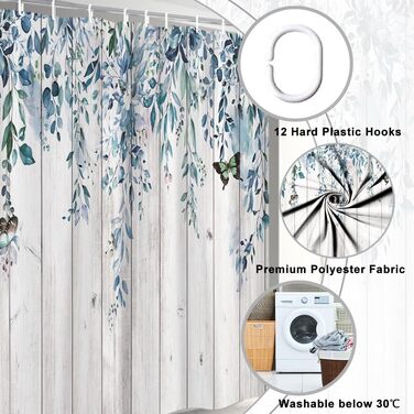 Шторка для душу 180x220 см, антигрибкова, з тропічним дизайном (пальмові листя, евкаліпт, гриби), водонепроникна, поліестер, для ванної кімнати, з 12 гачками (блакитна)