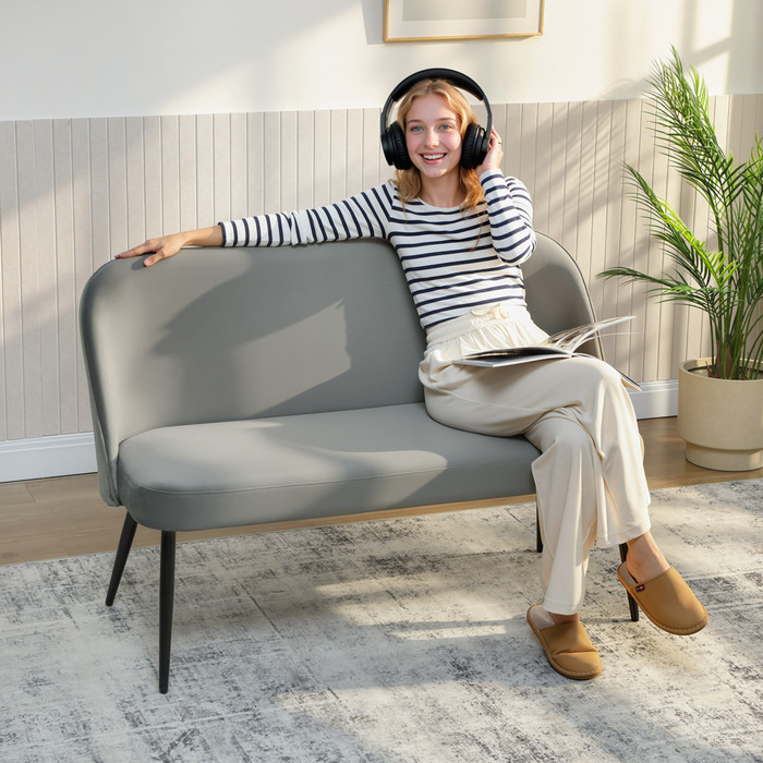 Двомісний диван, сучасний м'який диван з металевим та дерев'яним каркасом, оксамитовий матеріал обтягування, сірий