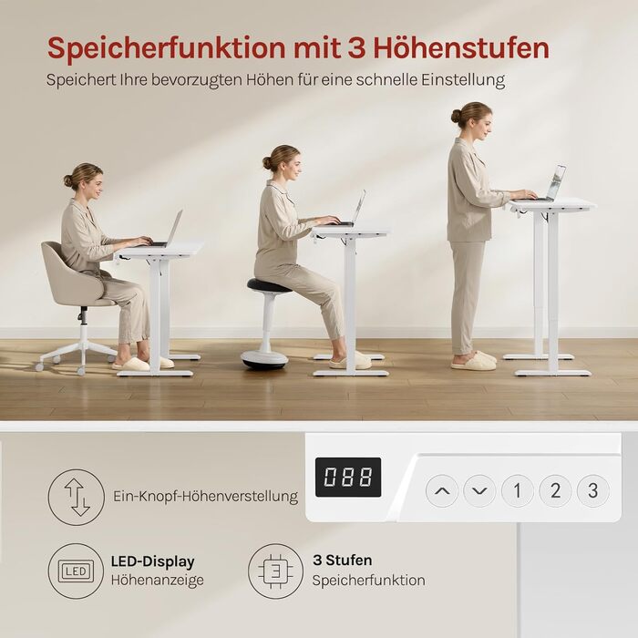 Електричний підйомний стіл WOLTU з функцією пам'яті та захистом від зіткнень, комп'ютерний стіл для дому та офісу, 100 x 48 см, білий