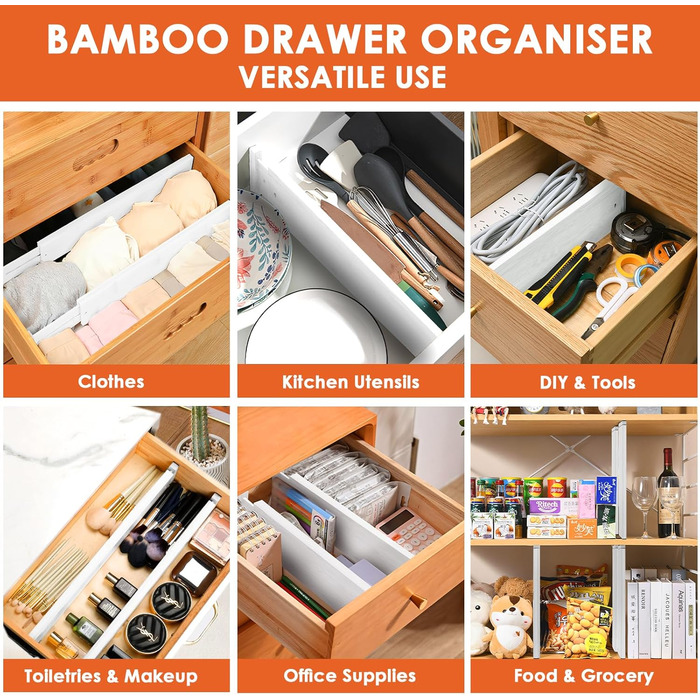 Органайзери для шухляд MUUKAIII (6 шт.) - бамбукові роздільники для шухляд, 43-56 см, 6 см висота, для кухні та шафи - білий